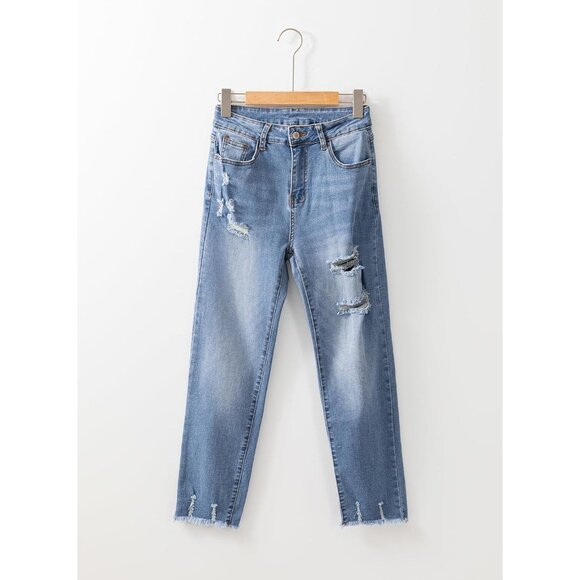 Women’s High Waisted Ripped Distressed Stretch Denim Ankle Jeans - Picture 5 of 6